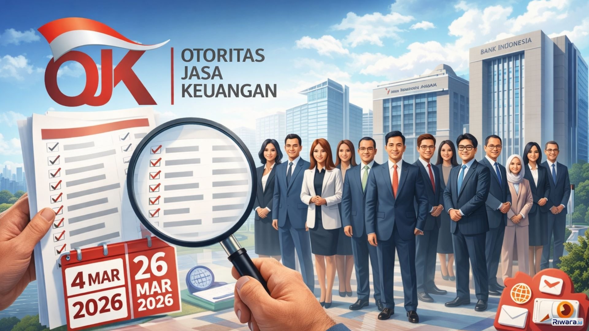 Ilustrasi proses seleksi Calon Pengganti Anggota Dewan Komisioner OJK, dengan 20 nama dinyatakan lolos seleksi administratif dan tahapan masukan publik dibuka hingga 26 Maret 2026.
